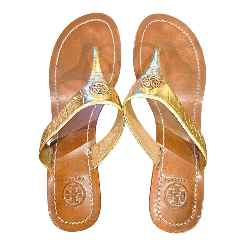 Tory Burch Metallic Gold Leather Cameron Wedge Thong Sandals